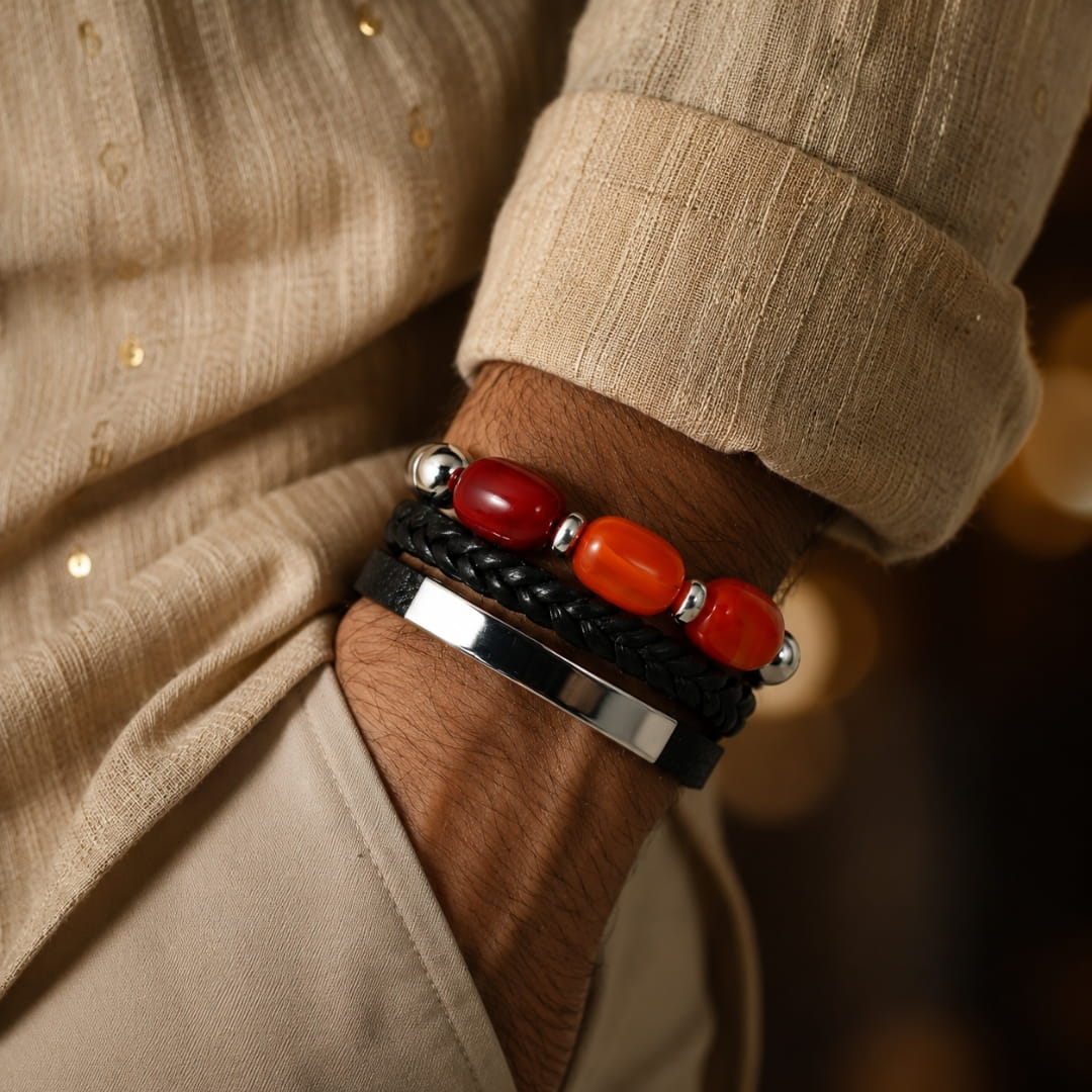 THE MEN THING Leather Bracelet CRIMSON TRIO BLACK - 22mm Genuine Leather Multi-Layer Bracelet with Stainless Steel Magnetic Buckle for Men & Boys (8 inch)