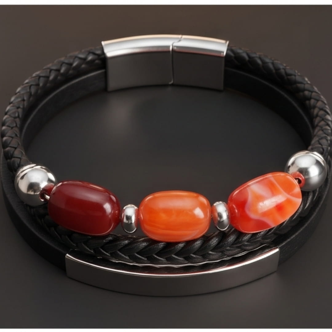 THE MEN THING Leather Bracelet CRIMSON TRIO BLACK - 22mm Genuine Leather Multi-Layer Bracelet with Stainless Steel Magnetic Buckle for Men & Boys (8 inch)