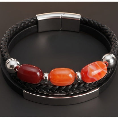 THE MEN THING Leather Bracelet CRIMSON TRIO BLACK - 22mm Genuine Leather Multi-Layer Bracelet with Stainless Steel Magnetic Buckle for Men & Boys (8 inch)