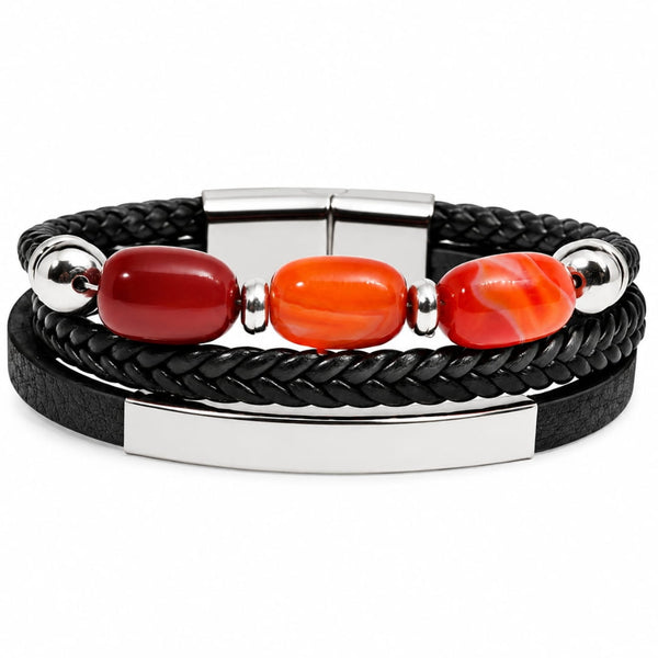 CRIMSON TRIO BLACK - 22mm Genuine Leather Multi-Layer Bracelet with Stainless Steel Magnetic Buckle for Men & Boys (8 inch)