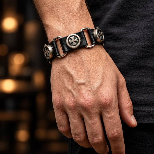 THE MEN THING Leather Bracelet CROSS EMBLEM - 23 mm Genuine Leather Adjustable Bracelet for Men & Boys (8 to 9 inch)