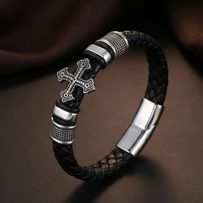 THE MEN THING Leather Bracelet CROSS GUARD BLACK -  Genuine Leather Bracelet with Magnetic Buckle for Men & Boy (8 Inch)