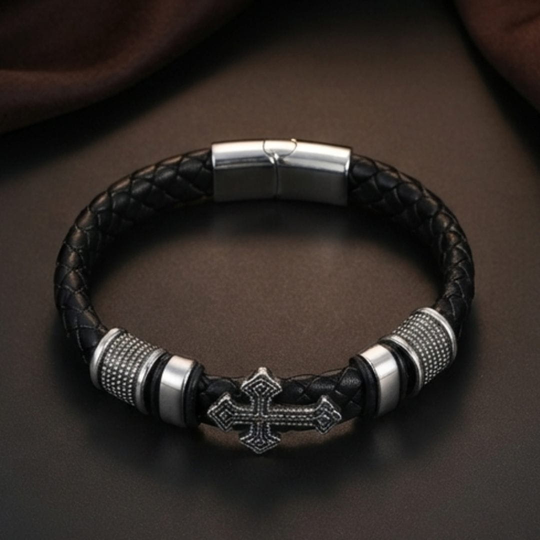 THE MEN THING Leather Bracelet CROSS GUARD BLACK -  Genuine Leather Bracelet with Magnetic Buckle for Men & Boy (8 Inch)