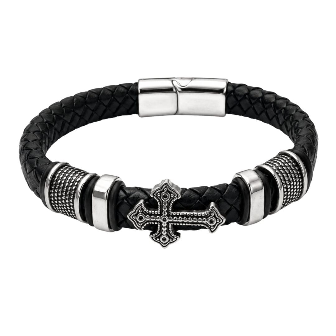 THE MEN THING Leather Bracelet CROSS GUARD BLACK -  Genuine Leather Bracelet with Magnetic Buckle for Men & Boy (8 Inch)