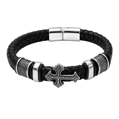 THE MEN THING Leather Bracelet CROSS GUARD BLACK -  Genuine Leather Bracelet with Magnetic Buckle for Men & Boy (8 Inch)