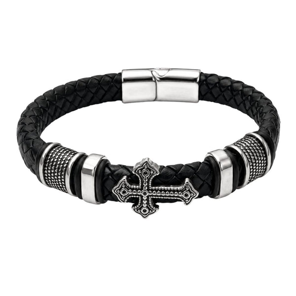 CROSS GUARD BLACK -  Genuine Leather Bracelet with Magnetic Buckle for Men & Boy (8 Inch)