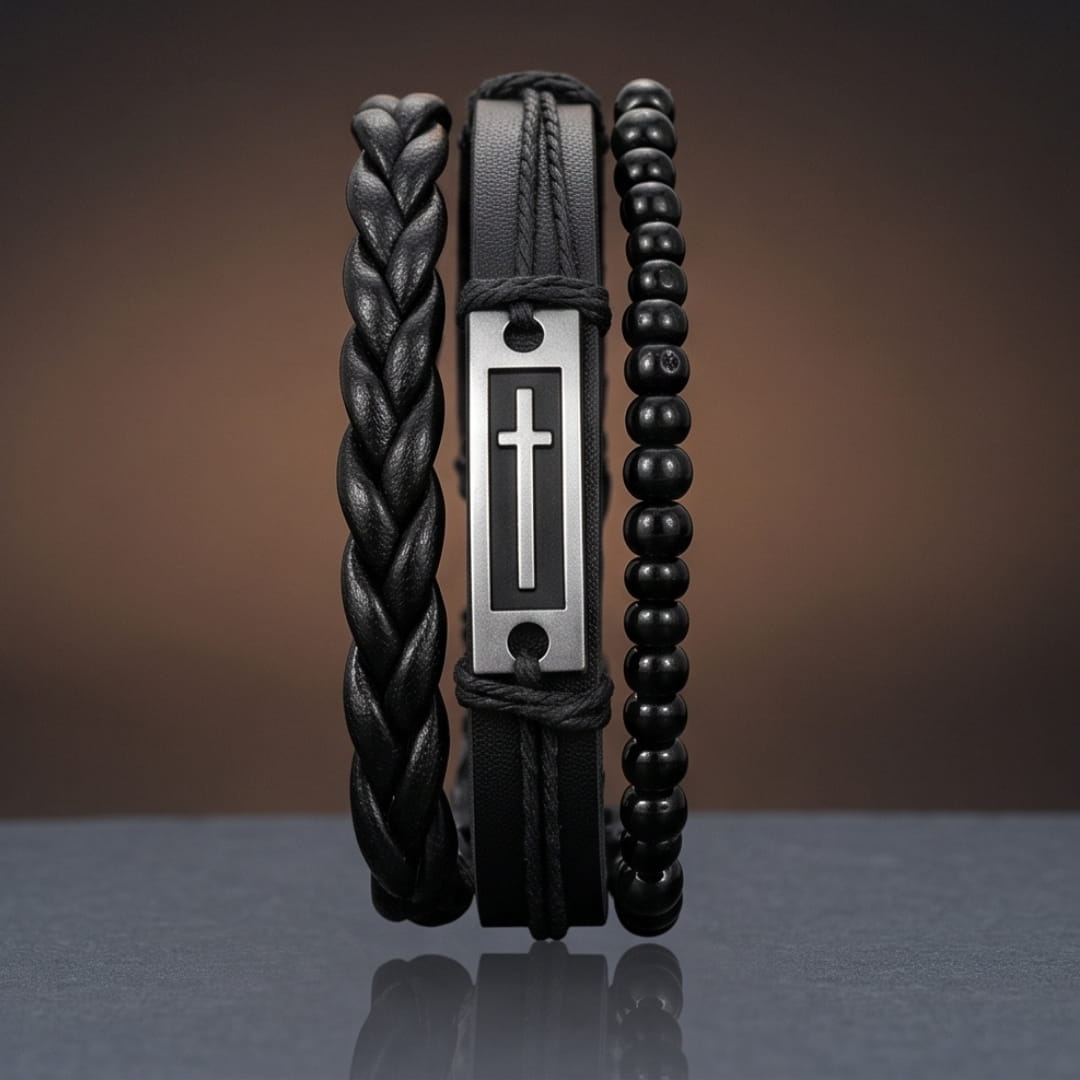 THE MEN THING Leather Bracelet CROSS PLATE BLACK - 3Pcs Genuine Leather Adjustable Bracelets Set for Men & Boys (8 inch)