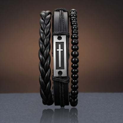 THE MEN THING Leather Bracelet CROSS PLATE BLACK - 3Pcs Genuine Leather Adjustable Bracelets Set for Men & Boys (8 inch)