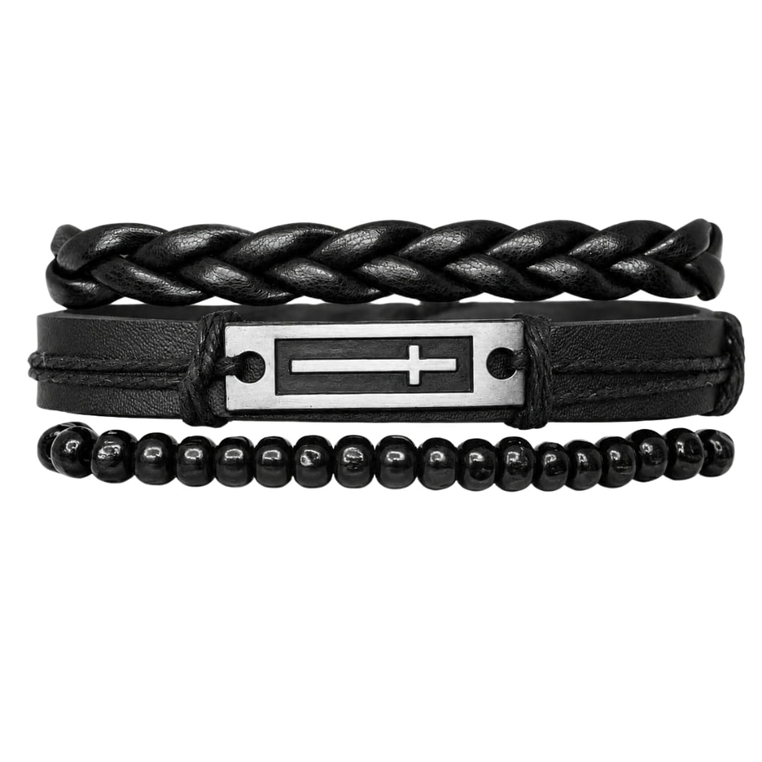 THE MEN THING Leather Bracelet CROSS PLATE BLACK - 3Pcs Genuine Leather Adjustable Bracelets Set for Men & Boys (8 inch)