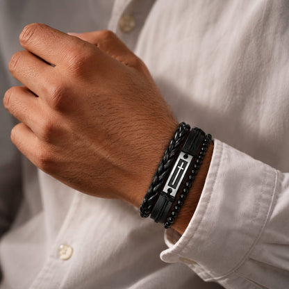 THE MEN THING Leather Bracelet CROSS PLATE BLACK - 3Pcs Genuine Leather Adjustable Bracelets Set for Men & Boys (8 inch)