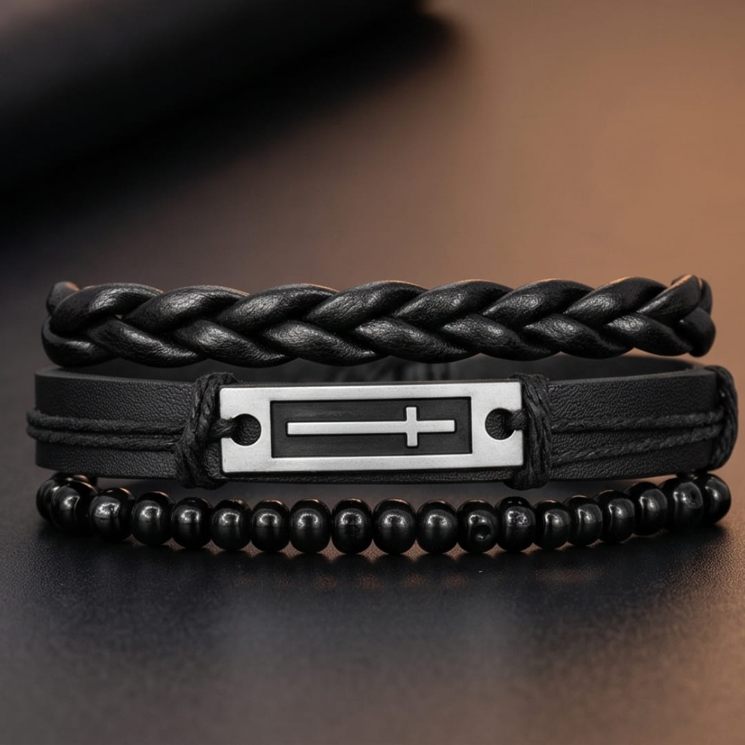 THE MEN THING Leather Bracelet CROSS PLATE BLACK - 3Pcs Genuine Leather Adjustable Bracelets Set for Men & Boys (8 inch)