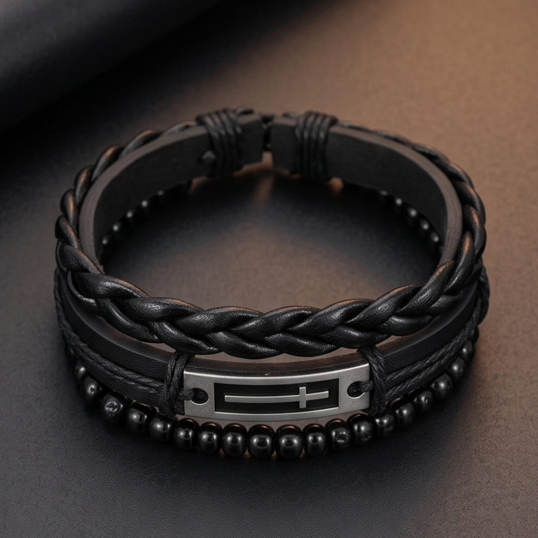 THE MEN THING Leather Bracelet CROSS PLATE BLACK - 3Pcs Genuine Leather Adjustable Bracelets Set for Men & Boys (8 inch)