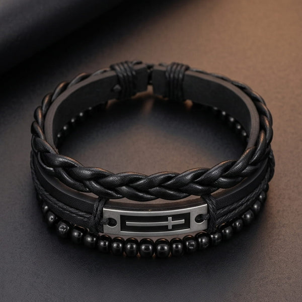 CROSS PLATE BLACK - 3Pcs Genuine Leather Adjustable Bracelets Set for Men & Boys (8 inch)