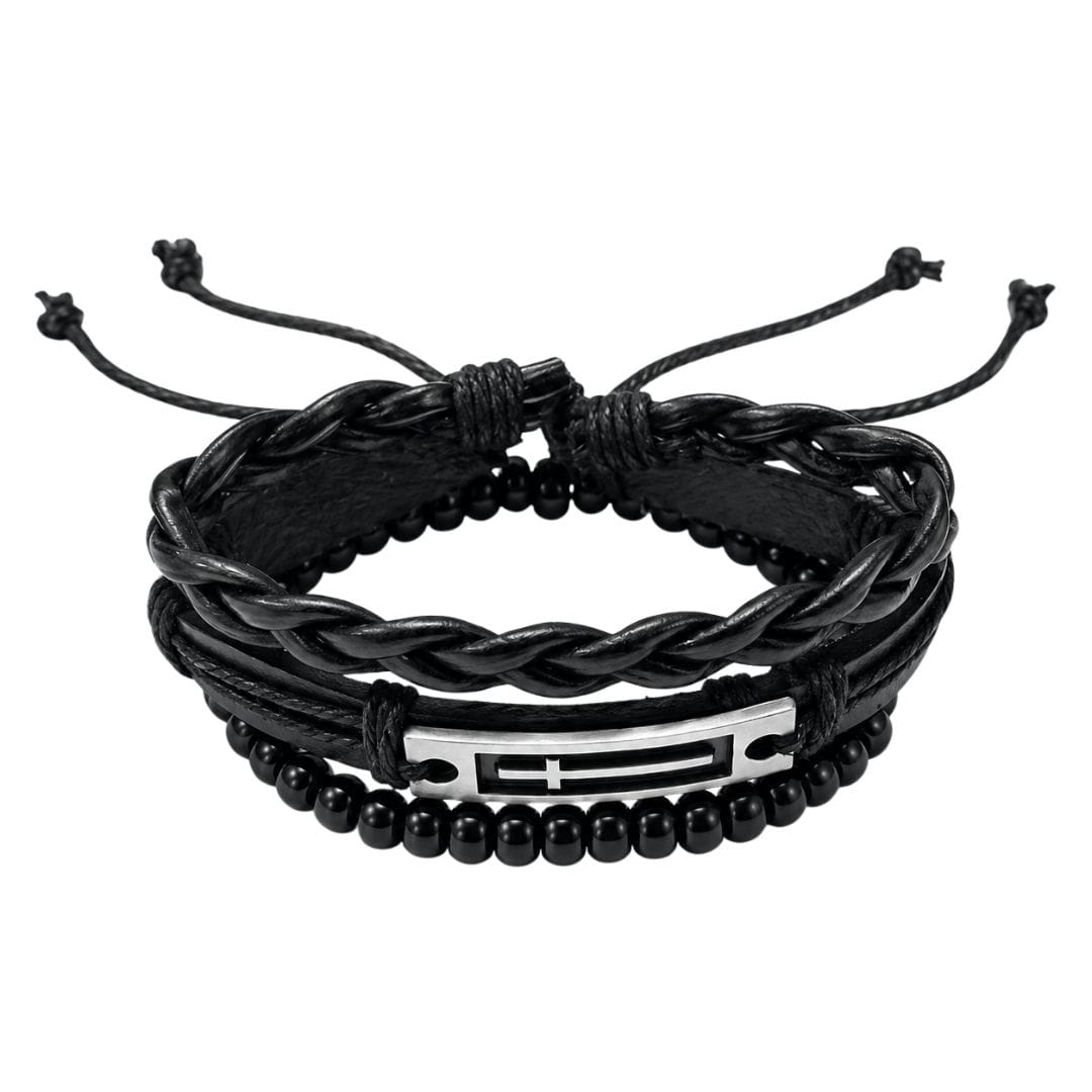 THE MEN THING Leather Bracelet CROSS PLATE BLACK - 3Pcs Genuine Leather Adjustable Bracelets Set for Men & Boys (8 inch)