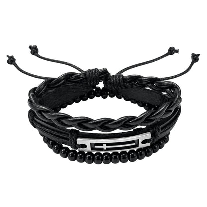 THE MEN THING Leather Bracelet CROSS PLATE BLACK - 3Pcs Genuine Leather Adjustable Bracelets Set for Men & Boys (8 inch)