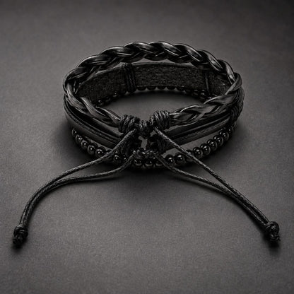 THE MEN THING Leather Bracelet CROSS PLATE BLACK - 3Pcs Genuine Leather Adjustable Bracelets Set for Men & Boys (8 inch)