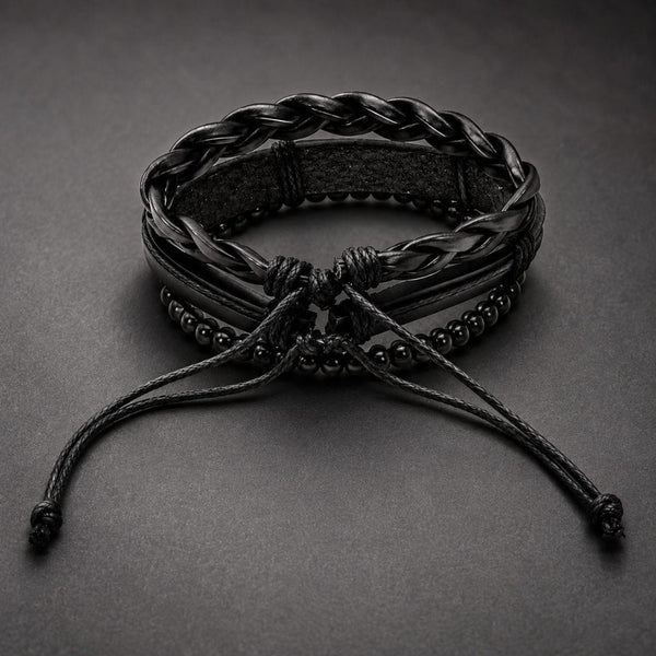 CROSS PLATE BLACK - 3Pcs Genuine Leather Adjustable Bracelets Set for Men & Boys (8 inch)