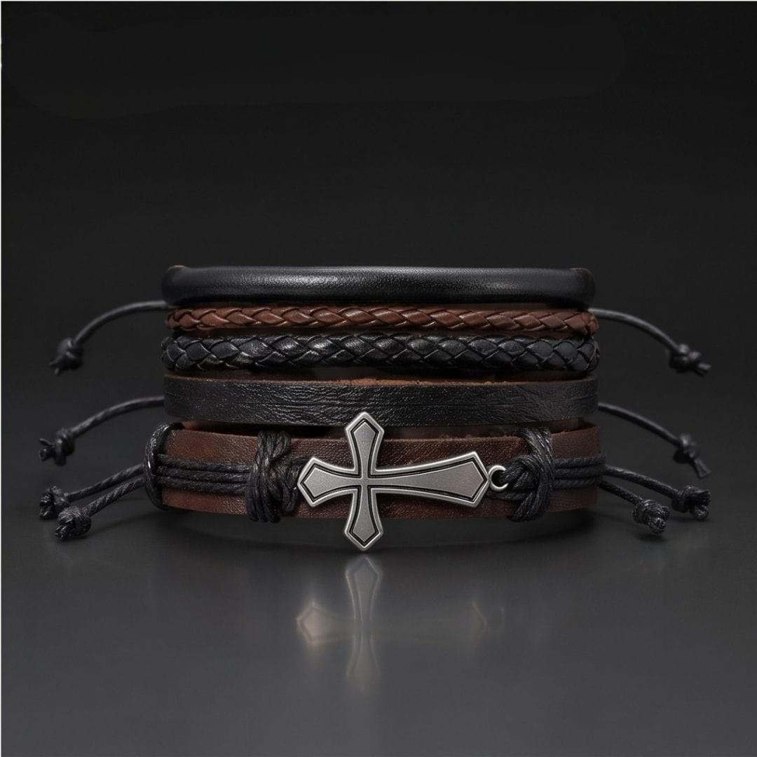 THE MEN THING Leather Bracelet CROSS STACK - 4 Pcs Genuine Leather Adjustable Bracelet for Men & Boys