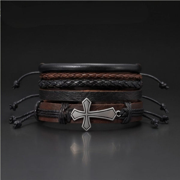 CROSS STACK - 4 Pcs Genuine Leather Adjustable Bracelet for Men & Boys