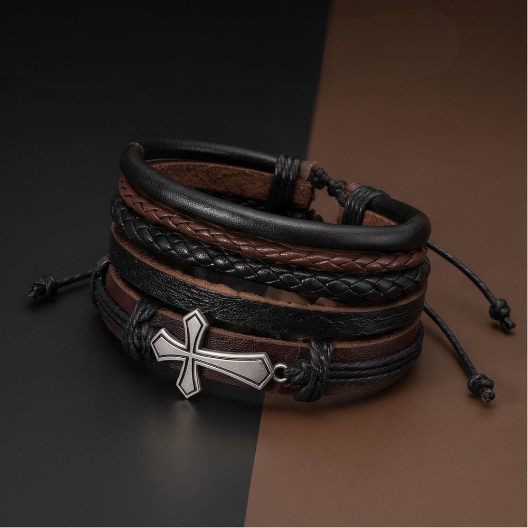 THE MEN THING Leather Bracelet CROSS STACK - 4 Pcs Genuine Leather Adjustable Bracelet for Men & Boys