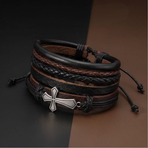 CROSS STACK - 4 Pcs Genuine Leather Adjustable Bracelet for Men & Boys