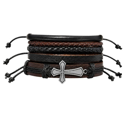 THE MEN THING Leather Bracelet CROSS STACK - 4 Pcs Genuine Leather Adjustable Bracelet for Men & Boys