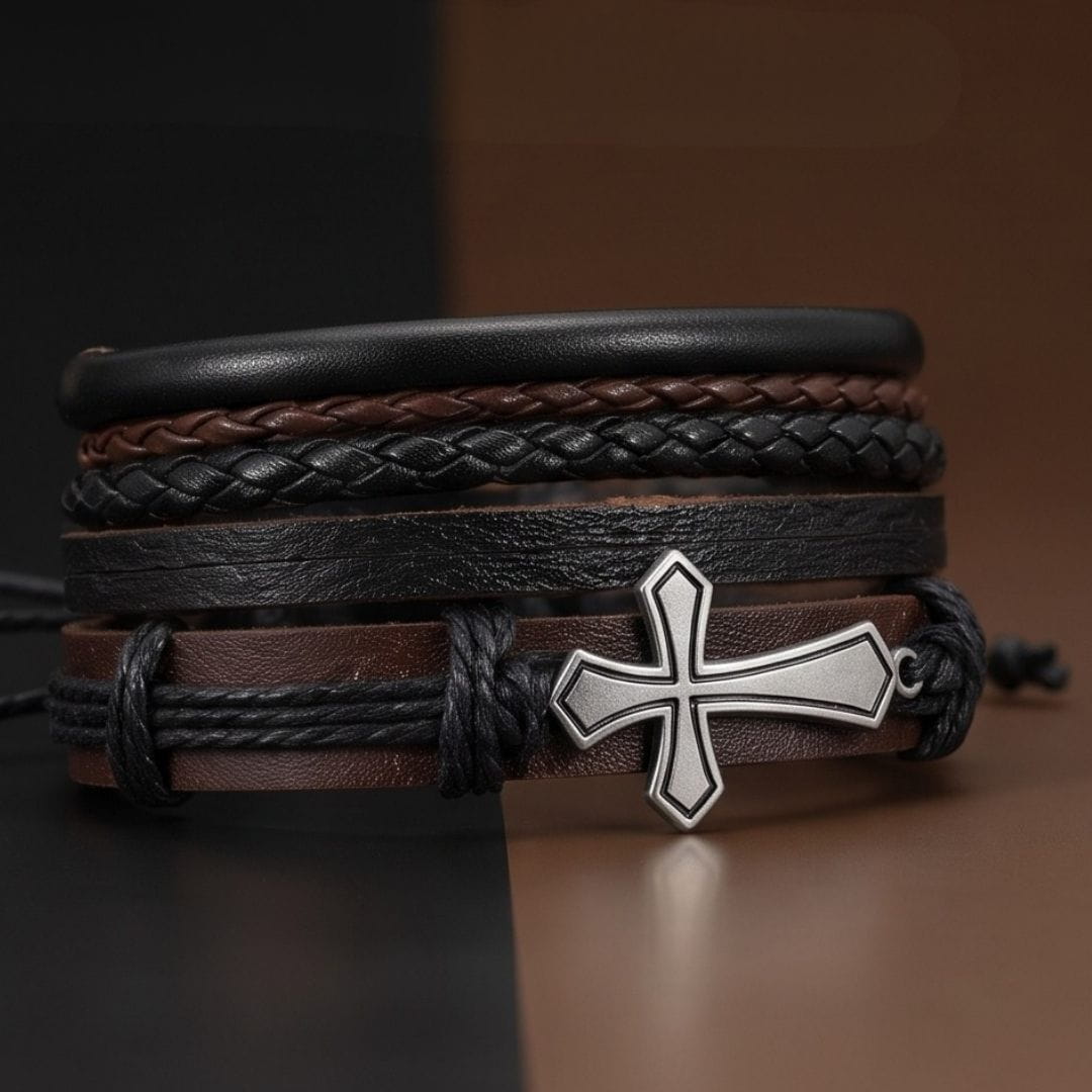 THE MEN THING Leather Bracelet CROSS STACK - 4 Pcs Genuine Leather Adjustable Bracelet for Men & Boys
