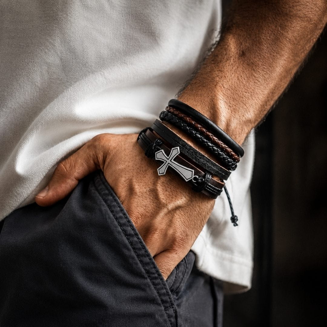 THE MEN THING Leather Bracelet CROSS STACK - 4 Pcs Genuine Leather Adjustable Bracelet for Men & Boys