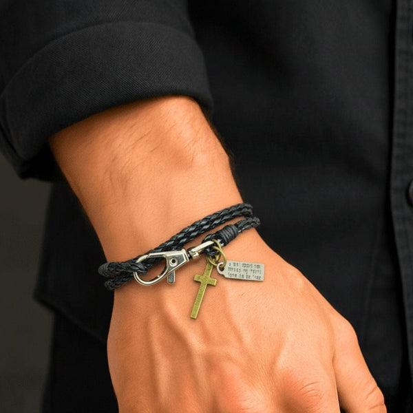 CROSSLOOM - Black 8mm Genuine Leather Bracelet with Stainless Steel Lobster Clasp for Men & Boys (15 inch)