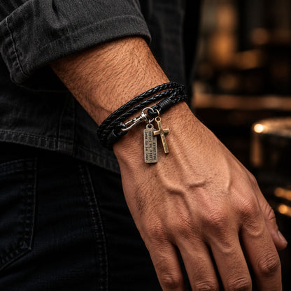 THE MEN THING Leather Bracelet CROSSLOOM - Black 8mm Genuine Leather Bracelet with Stainless Steel Lobster Clasp for Men & Boys (15 inch)