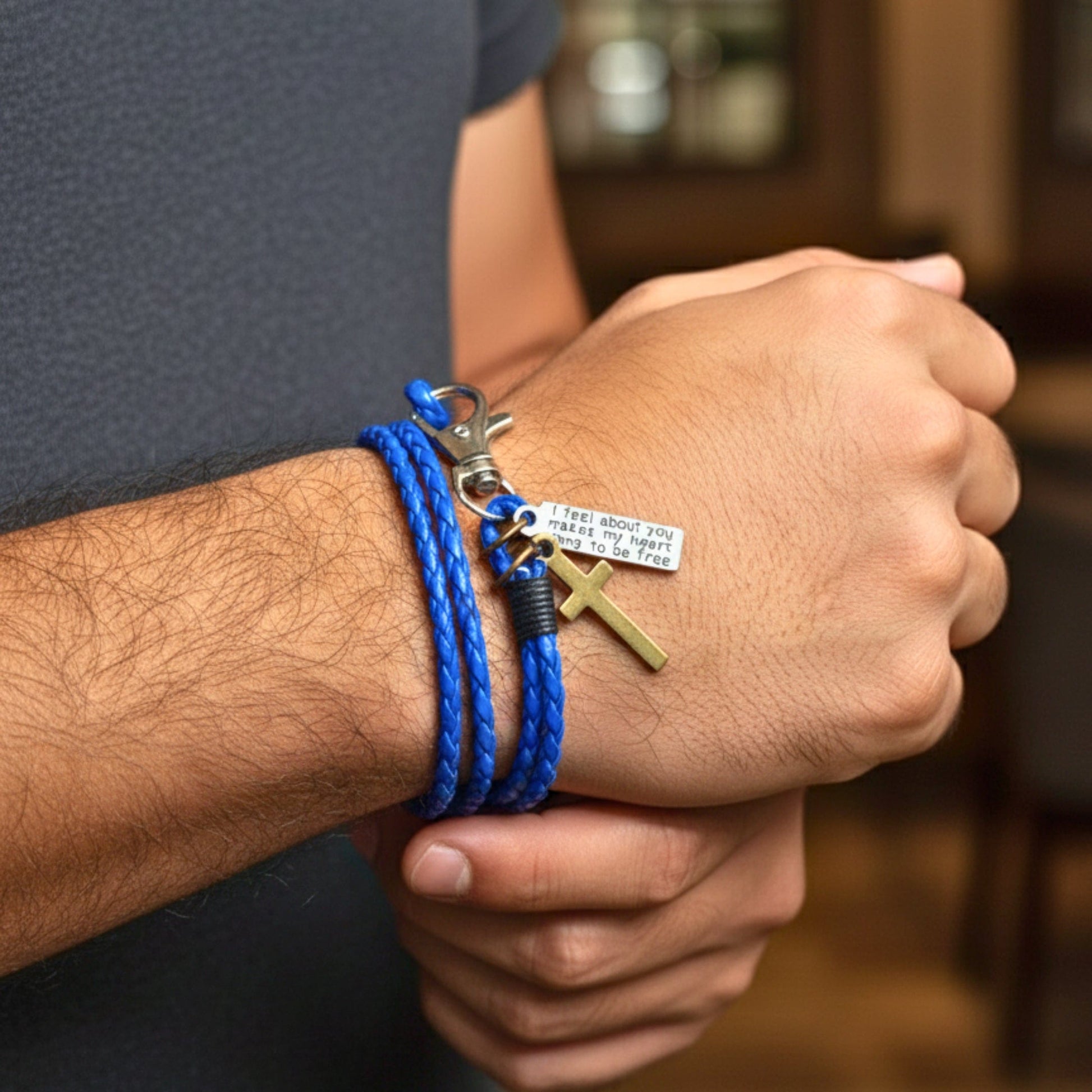 THE MEN THING Leather Bracelet CROSSLOOM - Blue 8mm Genuine Leather Bracelet with Stainless Steel Lobster Clasp for Men & Boys (15 inch)