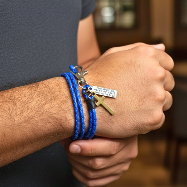 CROSSLOOM - Blue 8mm Genuine Leather Bracelet with Stainless Steel Lobster Clasp for Men & Boys (15 inch)