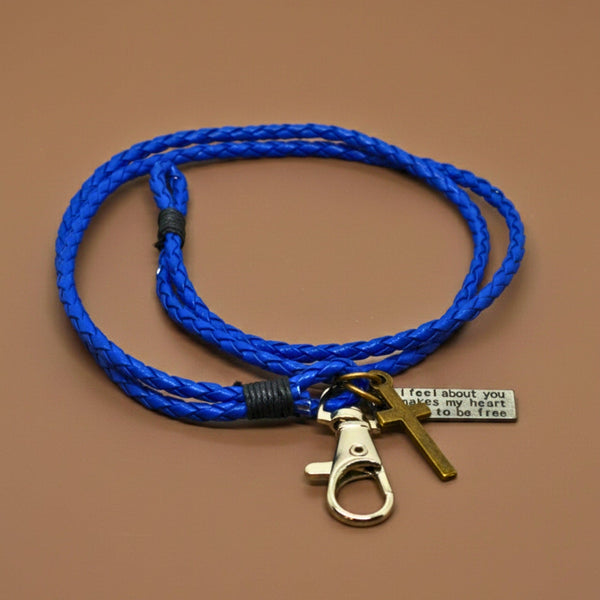 CROSSLOOM - Blue 8mm Genuine Leather Bracelet with Stainless Steel Lobster Clasp for Men & Boys (15 inch)