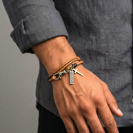 THE MEN THING Leather Bracelet CROSSLOOM - Brown 8mm Genuine Leather Bracelet with Stainless Steel Lobster Clasp for Men & Boys (15 inch)