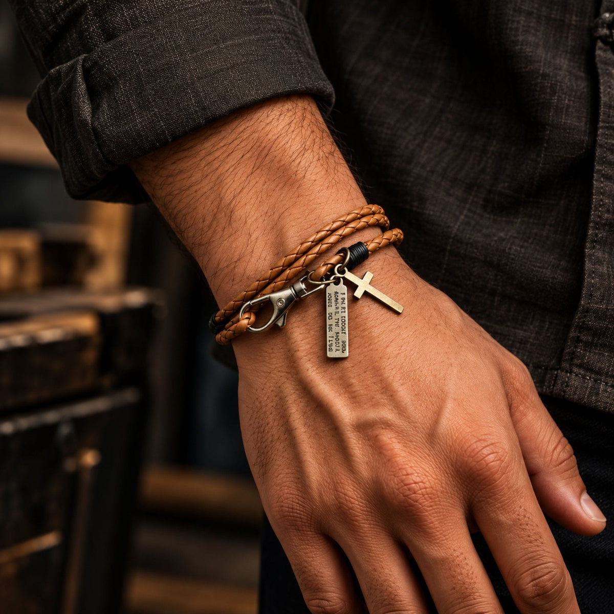 THE MEN THING Leather Bracelet CROSSLOOM - Brown 8mm Genuine Leather Bracelet with Stainless Steel Lobster Clasp for Men & Boys (15 inch)