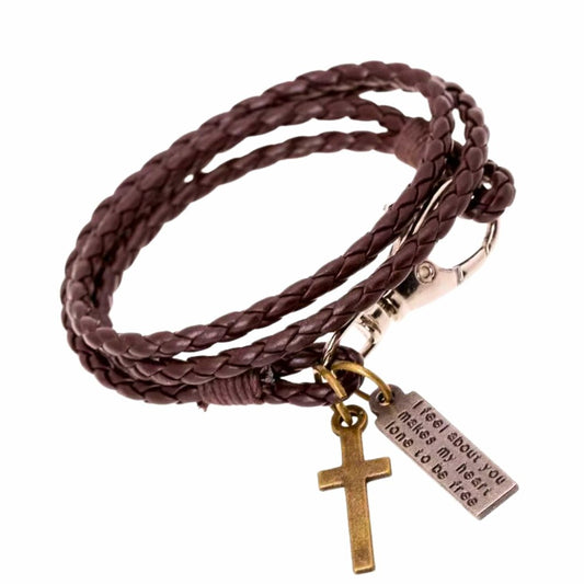 THE MEN THING Leather Bracelet CROSSLOOM - Coffee 8mm Genuine Leather Bracelet with Stainless Steel Lobster Clasp for Men & Boys (15 inch)