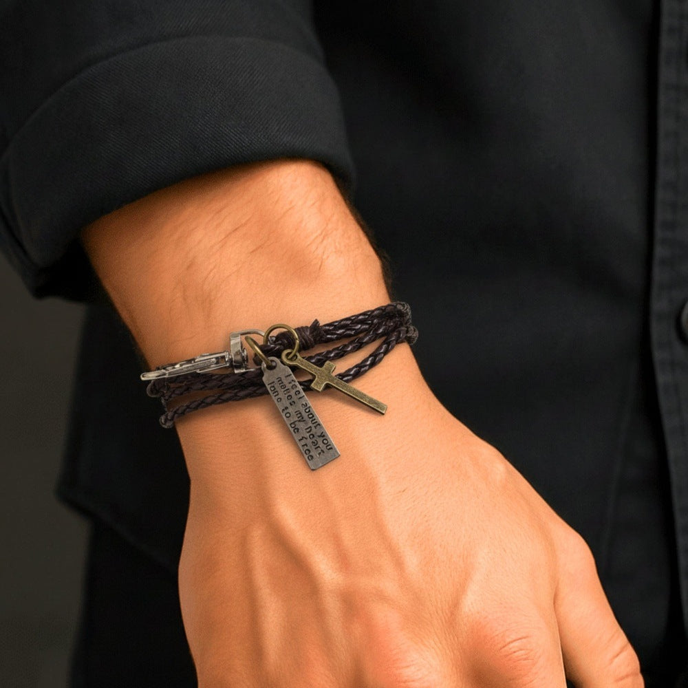 THE MEN THING Leather Bracelet CROSSLOOM - Coffee 8mm Genuine Leather Bracelet with Stainless Steel Lobster Clasp for Men & Boys (15 inch)