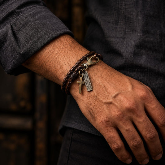 THE MEN THING Leather Bracelet CROSSLOOM - Coffee 8mm Genuine Leather Bracelet with Stainless Steel Lobster Clasp for Men & Boys (15 inch)
