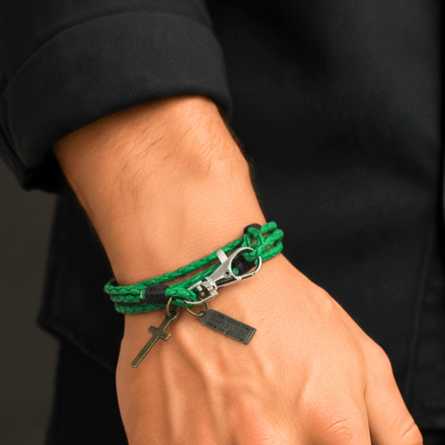 THE MEN THING Leather Bracelet CROSSLOOM - Green 8mm Genuine Leather Bracelet with Stainless Steel Lobster Clasp for Men & Boys (16 inch)