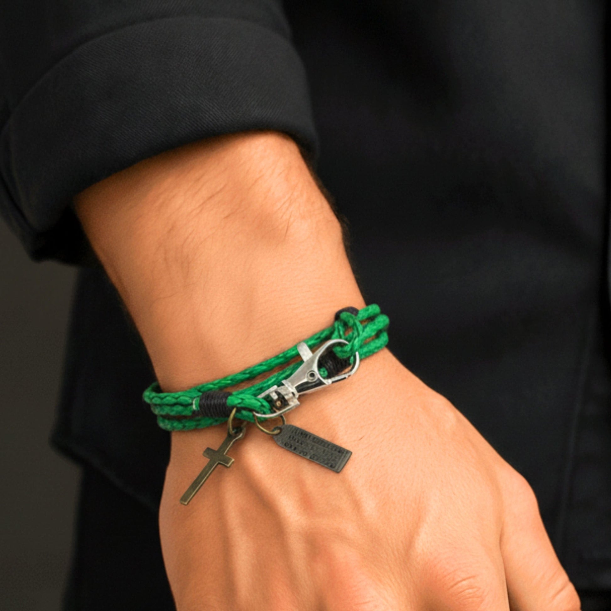 THE MEN THING Leather Bracelet CROSSLOOM - Green 8mm Genuine Leather Bracelet with Stainless Steel Lobster Clasp for Men & Boys (16 inch)