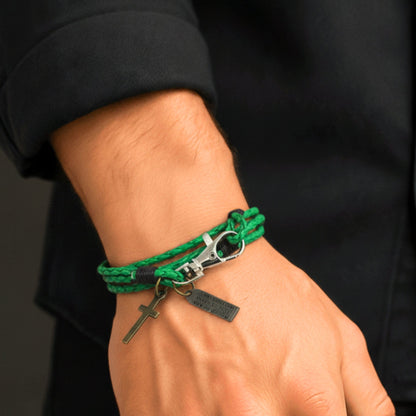 THE MEN THING Leather Bracelet CROSSLOOM - Green 8mm Genuine Leather Bracelet with Stainless Steel Lobster Clasp for Men & Boys (16 inch)