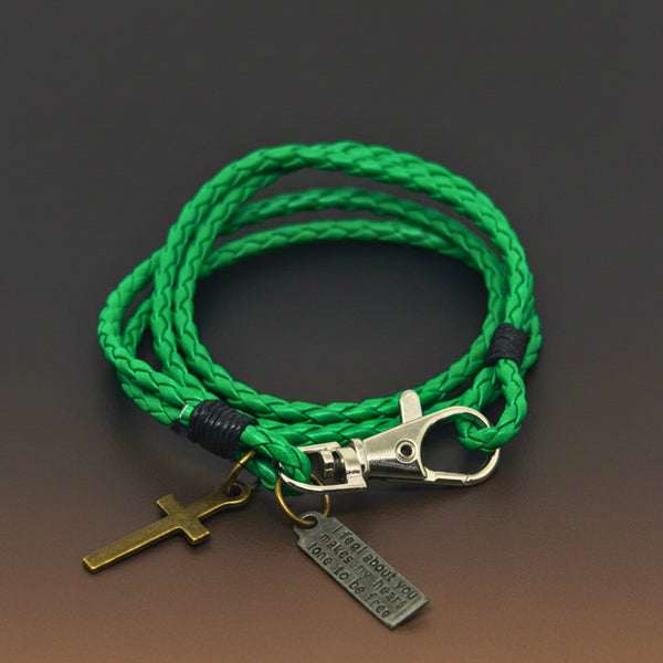 CROSSLOOM - Green 8mm Genuine Leather Bracelet with Stainless Steel Lobster Clasp for Men & Boys (16 inch)