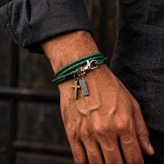 THE MEN THING Leather Bracelet CROSSLOOM - Green 8mm Genuine Leather Bracelet with Stainless Steel Lobster Clasp for Men & Boys (16 inch)