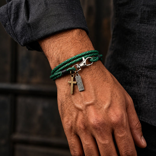 CROSSLOOM - Green 8mm Genuine Leather Bracelet with Stainless Steel Lobster Clasp for Men & Boys (16 inch)