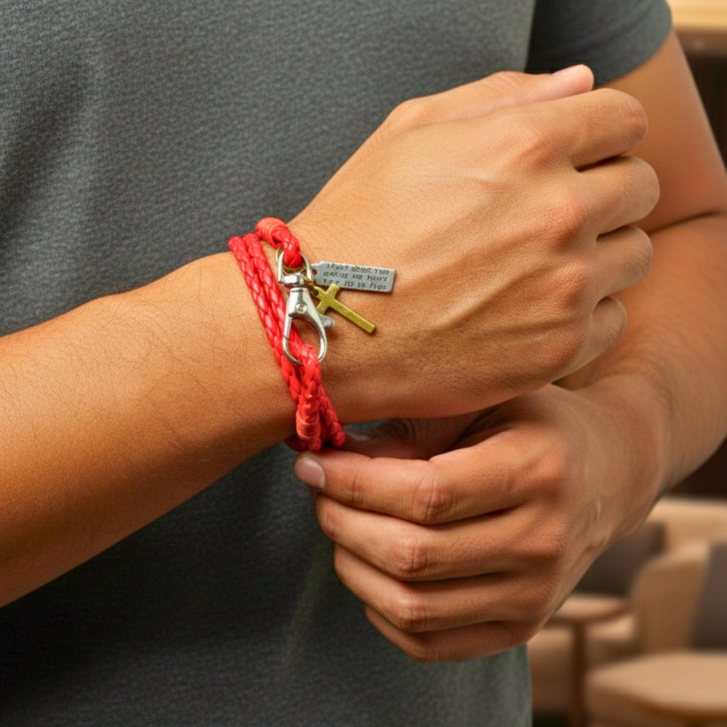 THE MEN THING Leather Bracelet CROSSLOOM - Red 8mm Genuine Leather Bracelet with Stainless Steel Lobster Clasp for Men & Boys (15 inch)