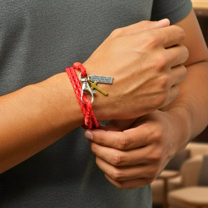 THE MEN THING Leather Bracelet CROSSLOOM - Red 8mm Genuine Leather Bracelet with Stainless Steel Lobster Clasp for Men & Boys (15 inch)