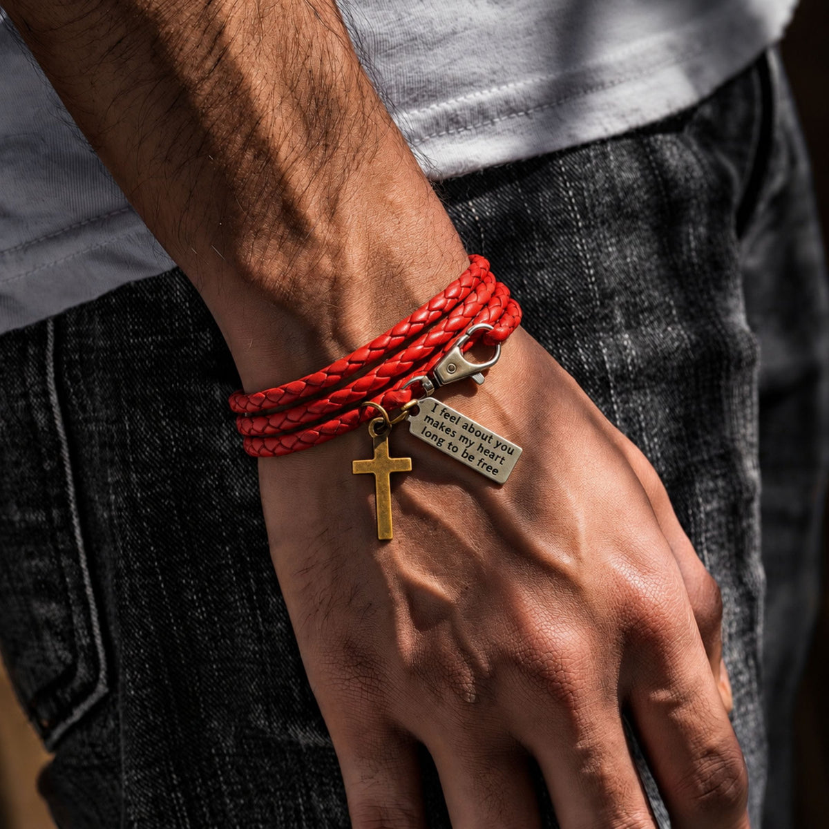 THE MEN THING Leather Bracelet CROSSLOOM - Red 8mm Genuine Leather Bracelet with Stainless Steel Lobster Clasp for Men & Boys (15 inch)