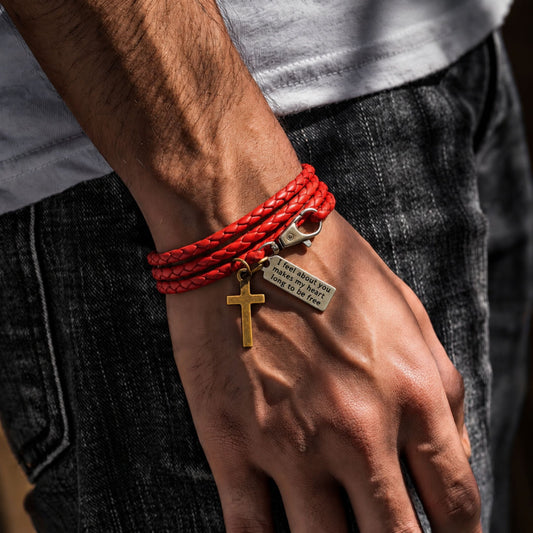 THE MEN THING Leather Bracelet CROSSLOOM - Red 8mm Genuine Leather Bracelet with Stainless Steel Lobster Clasp for Men & Boys (15 inch)