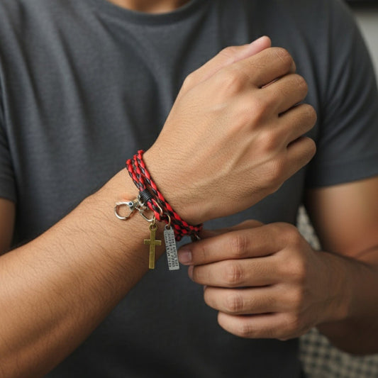 THE MEN THING Leather Bracelet CROSSLOOM -  Red and Black 10mm Genuine Leather Bracelet with Stainless Steel Lobster Clasp for Men & Boys (15 inch)