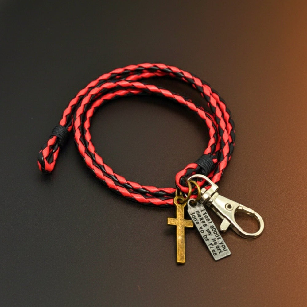 THE MEN THING Leather Bracelet CROSSLOOM -  Red and Black 10mm Genuine Leather Bracelet with Stainless Steel Lobster Clasp for Men & Boys (15 inch)